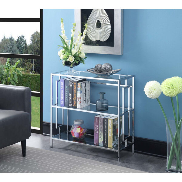 Town Square Clear Glass and Chrome 12-Inch Three Tier Wide Bookcase, image 1