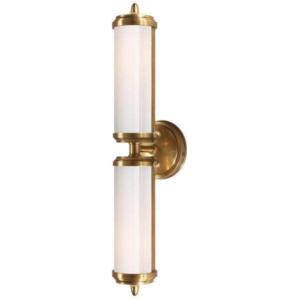 Merchant Double Bath Light in Hand-Rubbed Antique Brass with White Glass by Thomas O'Brien, image 1
