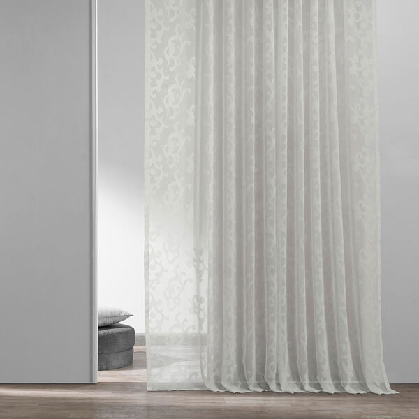 White Scroll Patterned Faux Linen Sheer Curtain Single Panel, image 2