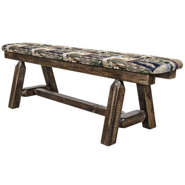 Homestead Stain and Lacquer 5 Foot Plank Style Bench with Woodland Upholstery, image 3