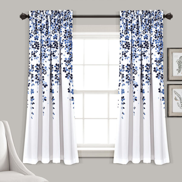 Weeping Flower Navy and White 52 x 63 In. Room Darkening Window Curtain Panel, Set of 2, image 1