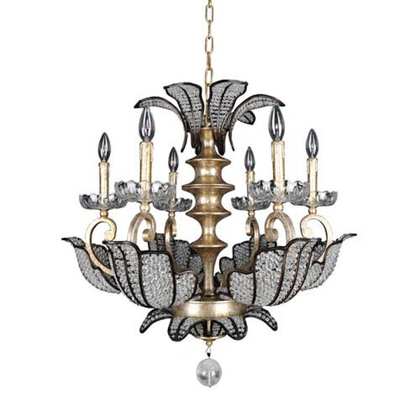 Tiepolo Silver Leaf and Sienna Bronze Six-Light Chandelier with Firenze Clear Crystal, image 1