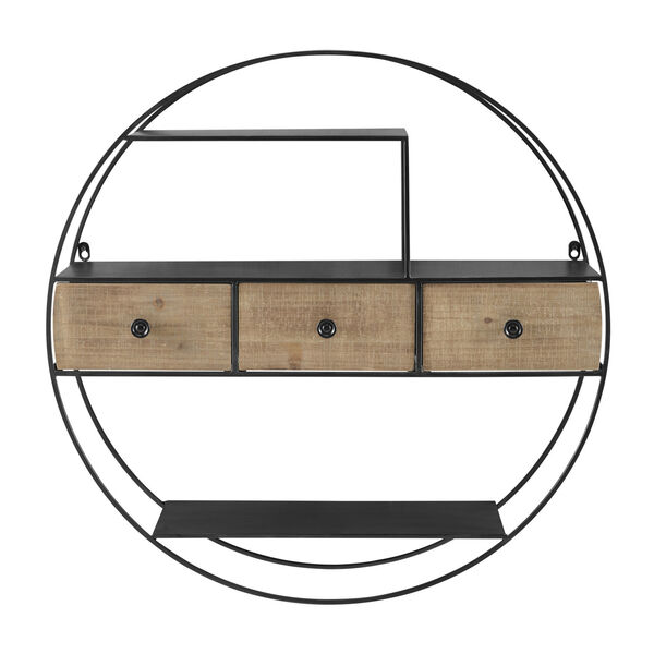 Kobe Black and Natural Wood Round Wall Shelf with Three Drawer, image 2