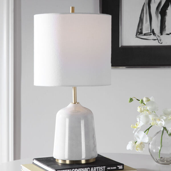Eloise Gray and Brushed Light Brass One-Light Table Lamp with Round Hardback Shade and Linning Background, image 3