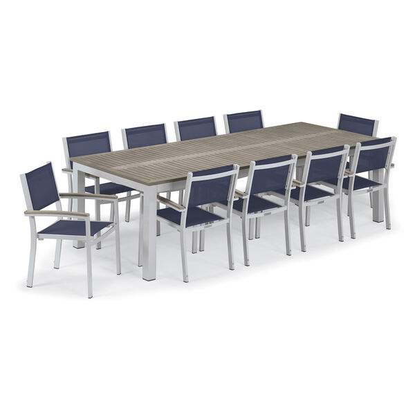 Travira Silver and Vintage 11-Piece Dining Set With Blue Armchairs, image 1