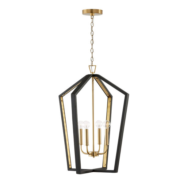 Maren Flat Black and Matte Brass Four-Light Pendant Made with Handcrafted Mango Wood, image 1