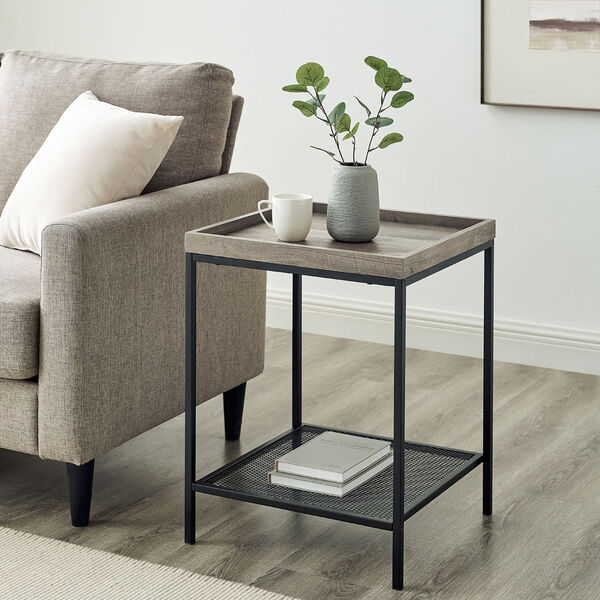 18-Inch Grey Wash Square Tray Side Table with Mesh Metal Shelf, image 2