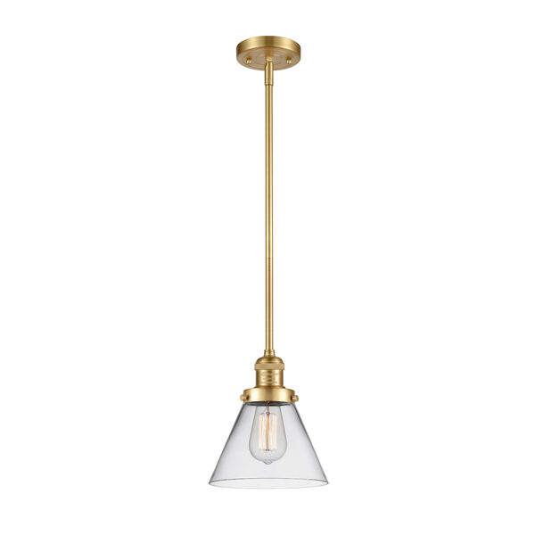Franklin Restoration Satin Gold Eight-Inch One-Light Mini Pendant with Clear Large Cone Shade, image 1