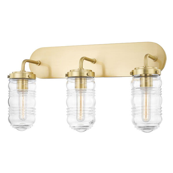 Clara Aged Brass Three-Light Bath Vanity with Clear Ribbed Glass, image 1