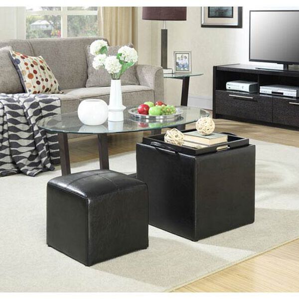 Designs4Comfort Park Avenue Black Faux Leather Single Ottoman with Stool and Reversible Tray, image 1