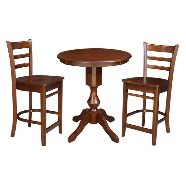 Espresso 30-Inch Round Pedestal Counter Height Table with Two Counter Stool, Three-Piece, image 2