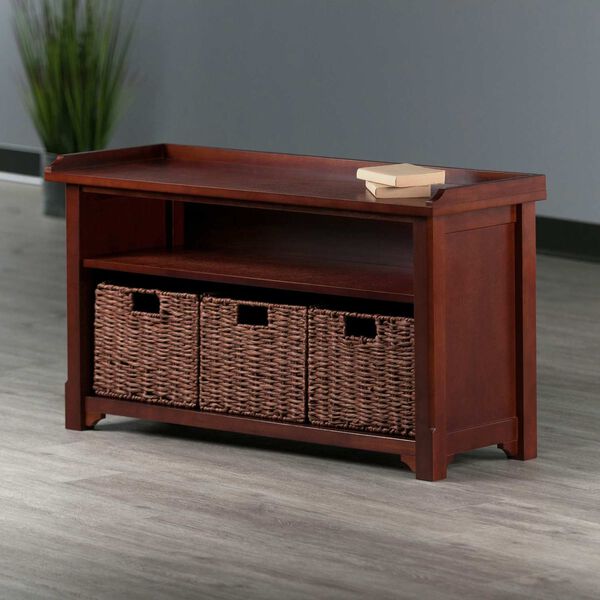 Milan Walnut Storage Bench with Three Foldable Woven Baskets, image 2