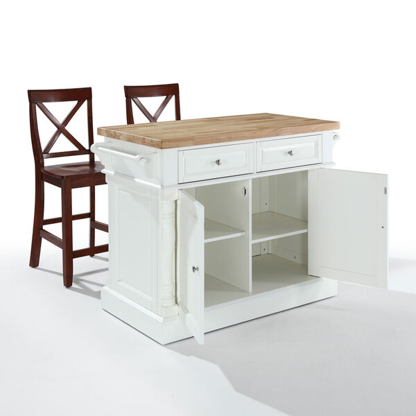 Butcher Block Top Kitchen Island in White Finish with 24-Inch Black X-Back Stools, image 2