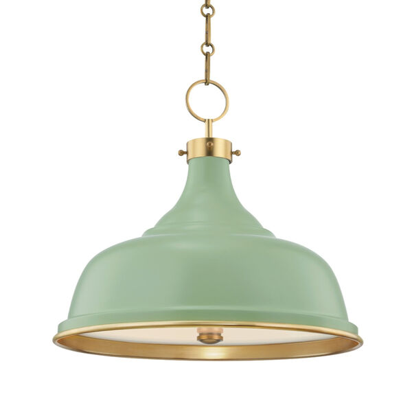 Painted No.1 Aged Brass Three-Light Pendant with Leaf Green Steel Shade, image 1