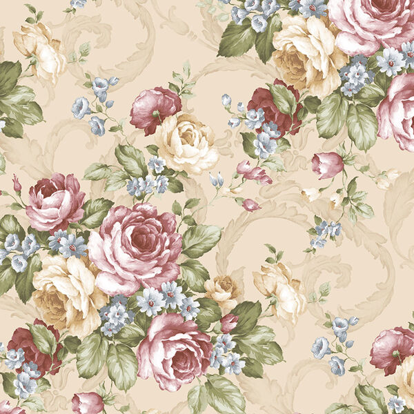 Grand Floral Beige, Burgundy and Blue Wallpaper - SAMPLE SWATCH ONLY, image 1