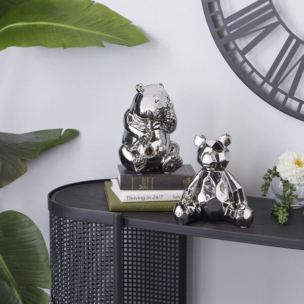 Silver Ceramic Teddy Bear Sculpture, Set of 2, image 1