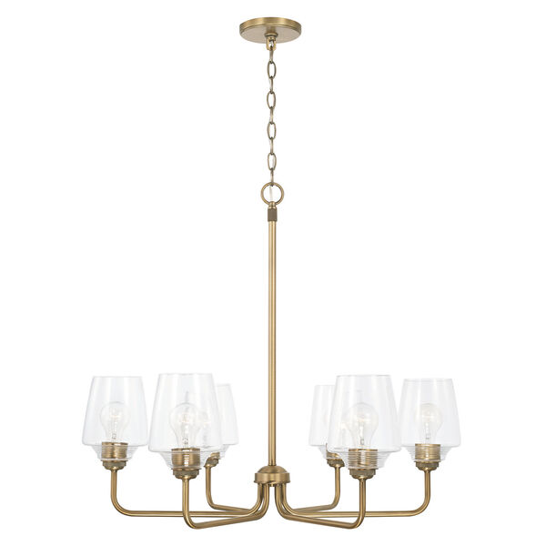 Miller Aged Brass Six-Light Chandelier with Clear Ribbed Glass, image 1