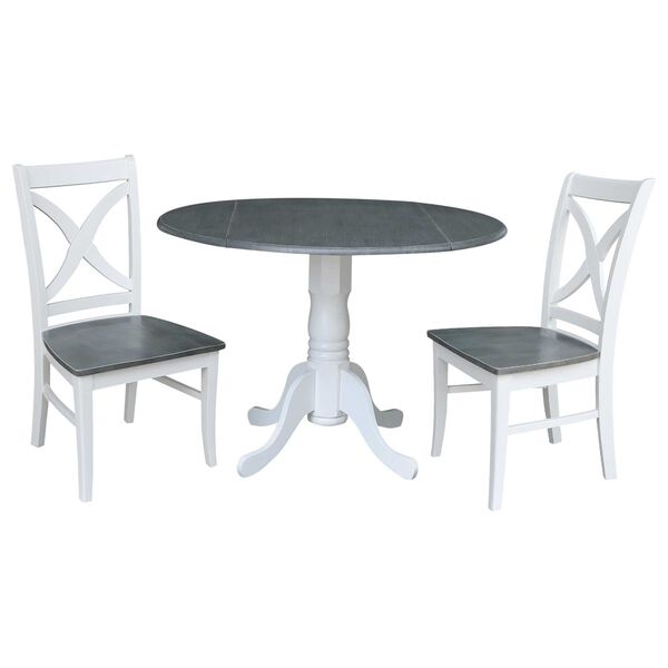 White and Heather Gray 42-Inch Dual Drop Leaf Dining Table with X-back Chairs, Three-Piece, image 1