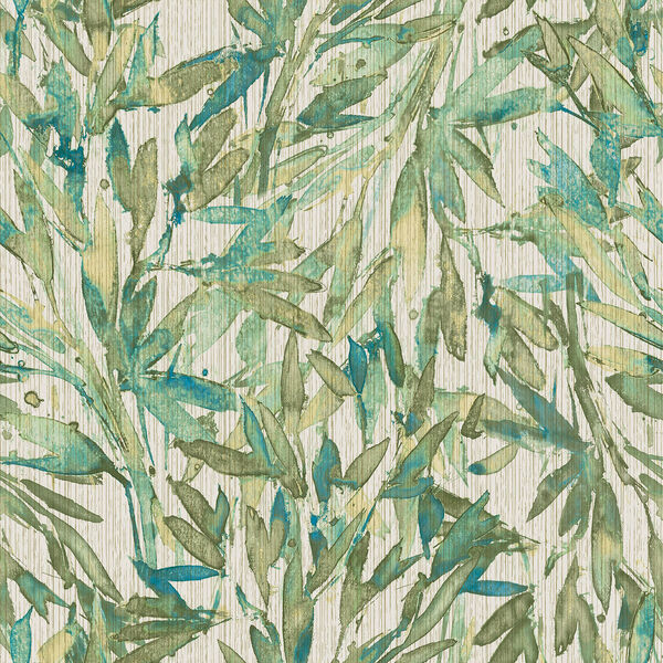 Antonina Vella Natural Opalescence Teal and Green Rainforest Leaves Wallpaper– SAMPLE SWATCH ONLY, image 1