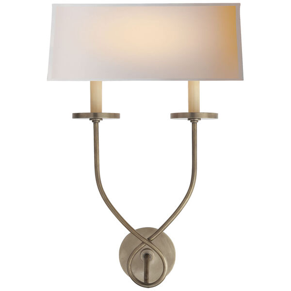 Symmetric Twist Double Sconce in Antique Nickel with Natural Paper Shade by Chapman and Myers, image 1