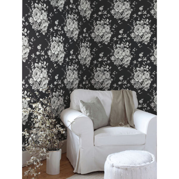 Simply Farmhouse Black and Gray Heritage Rose Wallpaper, image 1
