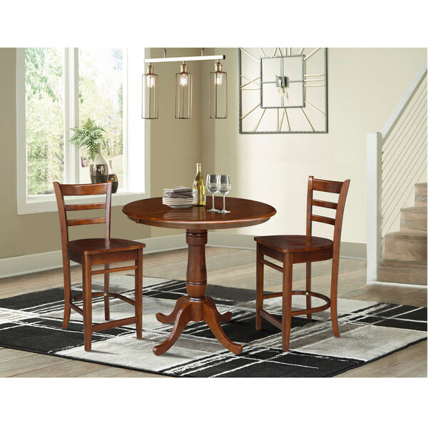 Espresso 36-Inch Round Extension Dining Table with Two Counter Stool, Three Piece, image 1
