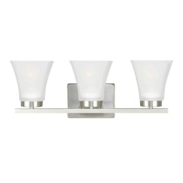 Kate Brushed Nickel Three-Light Bath Vanity with Satin Etched Glass, image 1