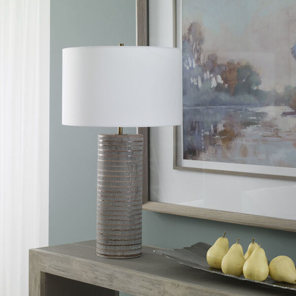 Monolith Pewter Gray and Antique Brass Table Lamp with White Shade, image 5