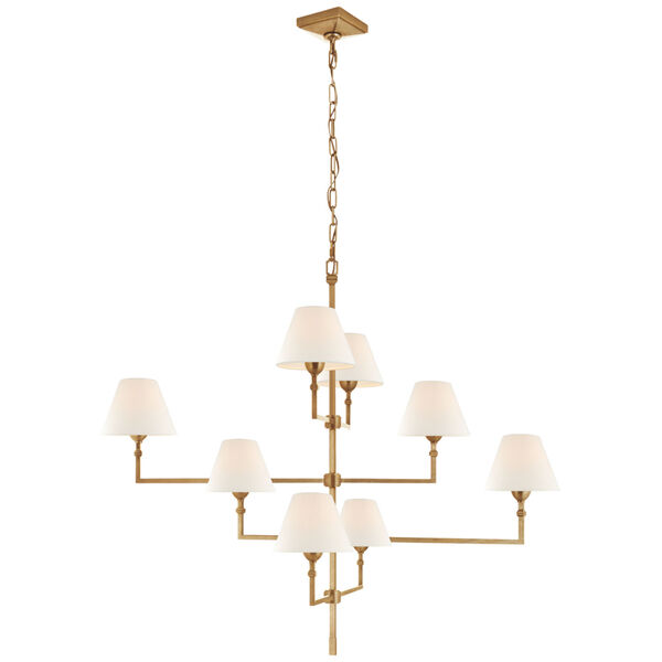 Jane Large Offset Chandelier in Hand-Rubbed Antique Brass with Linen Shades by Alexa Hampton, image 1