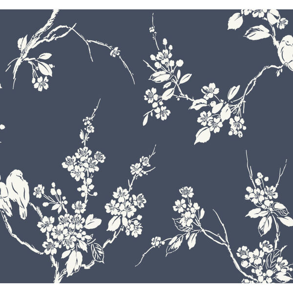 Silhouettes Navy Imperial Blossoms Branch Wallpaper, image 2
