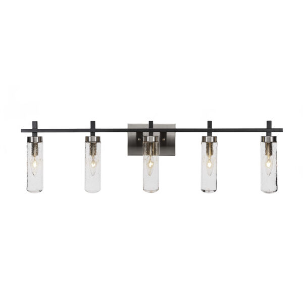 Salinda Matte Black and Brushed Nickel Five-Light Bath Vanity with Clear Bubble Glass, image 1