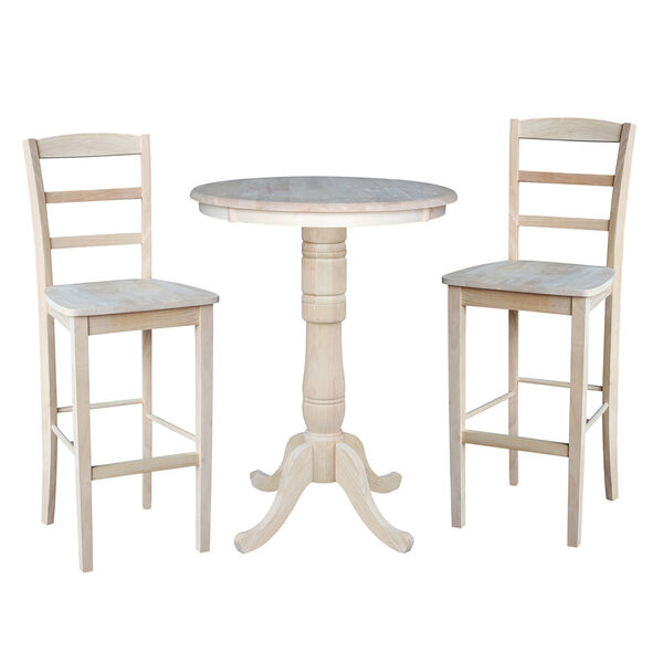 Unfinished 30-Inch Curved Pedestal Bar Height Table with Two Madrid Stools, image 1