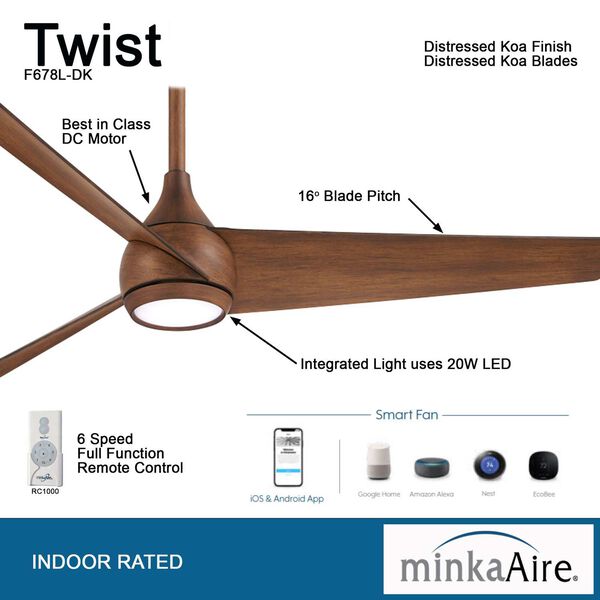 Twist Distressed Koa 52-Inch Integrated LED Ceiling Fan, image 4