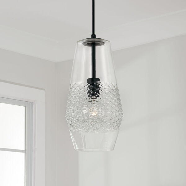 Dena One-Light Pendant with Diamond Embossed Glass and Black Braided Cord, image 4