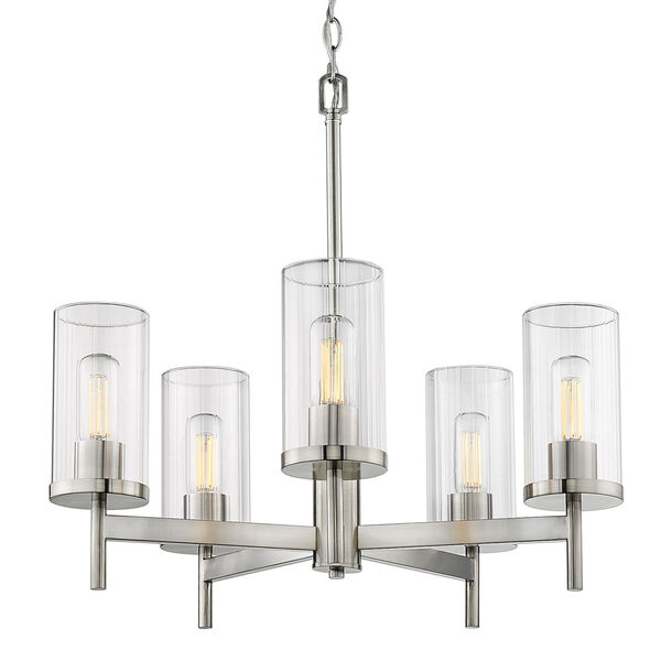Winslett Pewter 24-Inch Five-Light Chandelier with Ribbed Clear Glass Shade, image 1