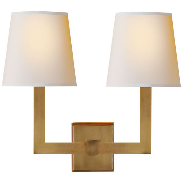 Square Tube Double Sconce in Hand-Rubbed Antique Brass with Natural Paper Shades by Chapman and Myers, image 1