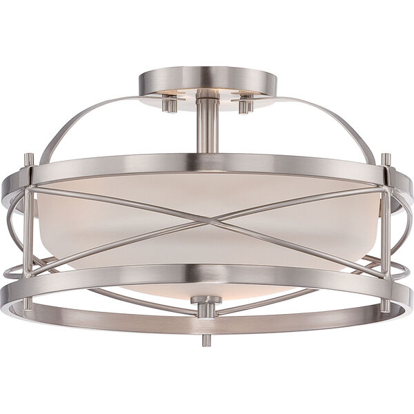 Isles Brushed Nickel Two-Light Drum Semi-Flush Mount with Etched Opal Glass Shade, image 1