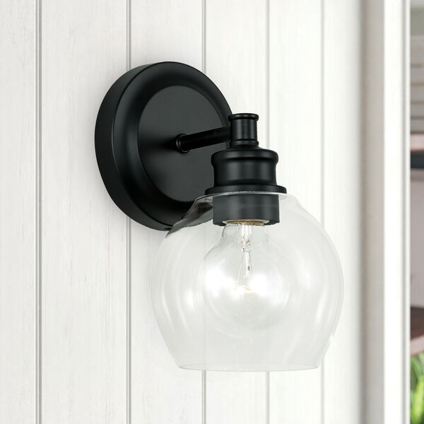 Mid Century Matte Black One-Light Wall Sconce with Clear Glass Shade, image 3
