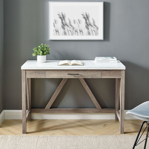 A-Frame Faux White Marble and Grey Wash 46-Inch Computer Desk with Drawer, image 3