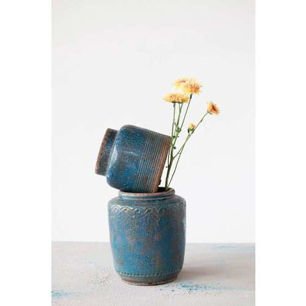 Distressed Blue Debossed Terra-Cotta Eight-Inch Vase, image 6