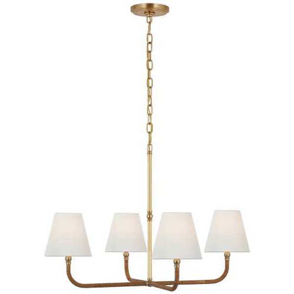 Basden Burnished Brass and Natural Four-Light Medium Chandelier with Linen Shades by Chapman and Myers, image 1