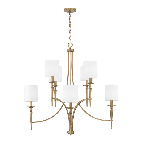 Abbie Aged Brass Eight-Light Chandelier with White Fabric Stay Straight Shades, image 1