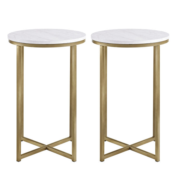 Alissa Faux White Marble and Gold Metal X-Leg Side Table, Set of Two, image 3