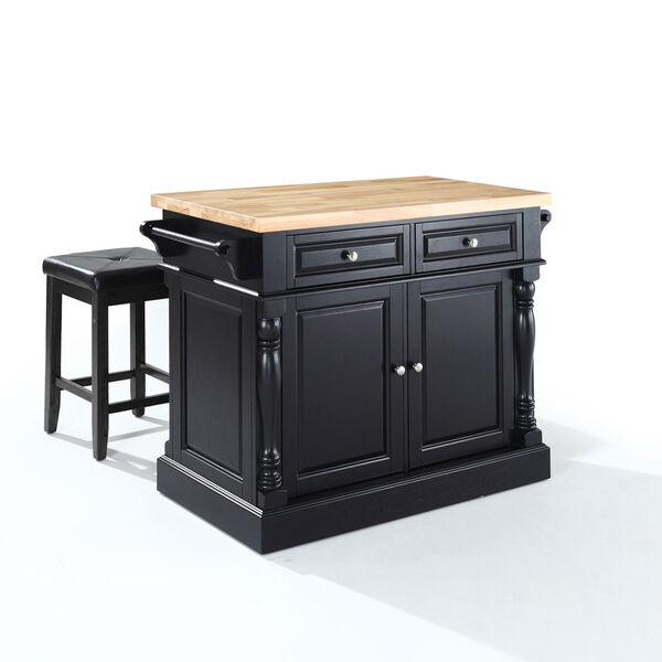 Butcher Block Top Kitchen Island in Black Finish with 24-Inch Black Upholstered Square Seat Stools, image 1