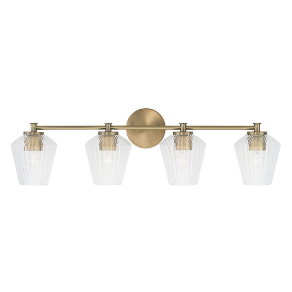 Beau Aged Brass Four-Light Bath Vanity with Clear Fluted Glass Shades, image 2