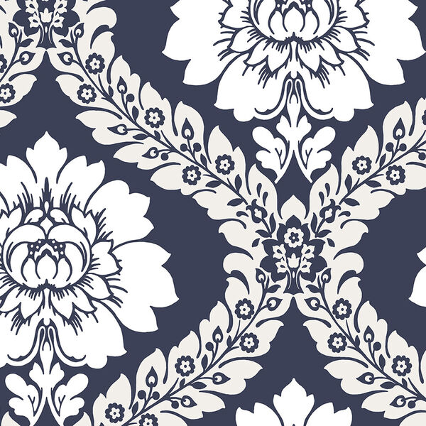 Daisy Damask Navy and White Wallpaper, image 1