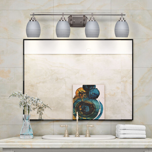 Odyssey Brushed Nickel Four-Light Bath Vanity with Gray Matrix Glass, image 2