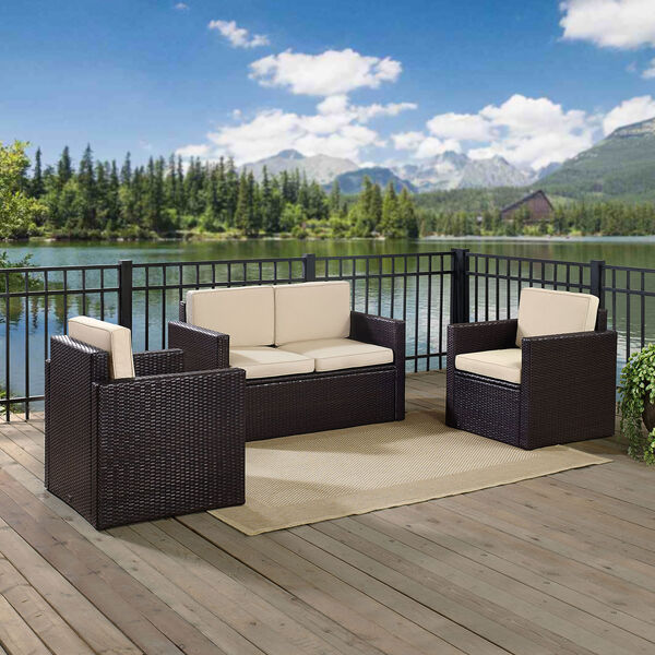 Palm Harbor 3 Piece Outdoor Wicker Seating Set With Sand Cushions - Loveseat and Two Outdoor Chairs, image 1