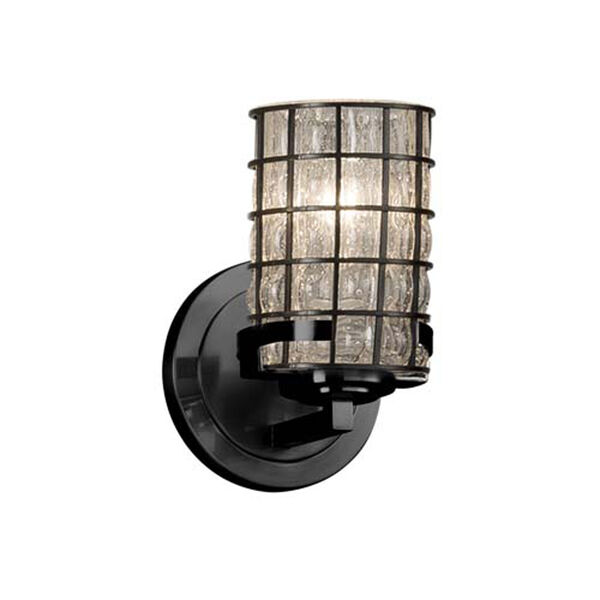 Wire Glass - Atlas Matte Black One-Light Wall Sconce with Cylinder Flat Rim Grid with Clear Bubbles Shade, image 1