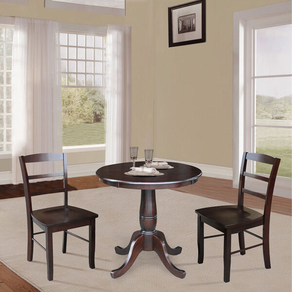 Rich Mocha 30-Inch Round Top Pedestal Dining Table with Two Ladderback Chair, Three-Piece, image 1